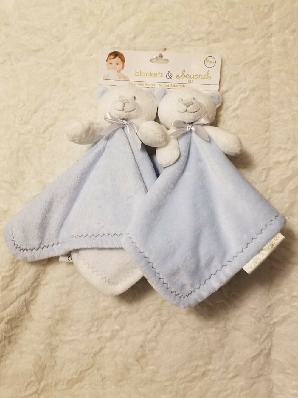 BLANKETS & BEYOND Blue White Bear Set of 2 Baby Security Lovey Nunu Twins Gift